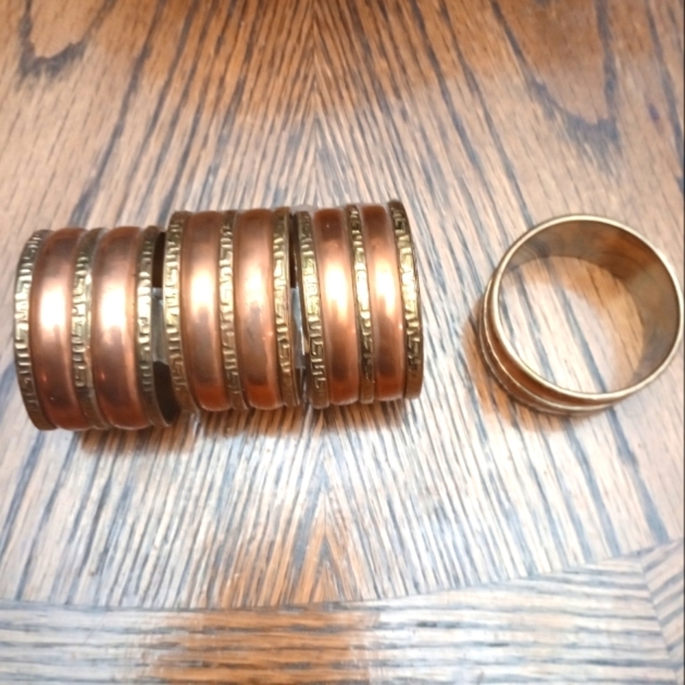 Set Of 4 Vintage Copper With Brass Greek Key Design Napkin Rings